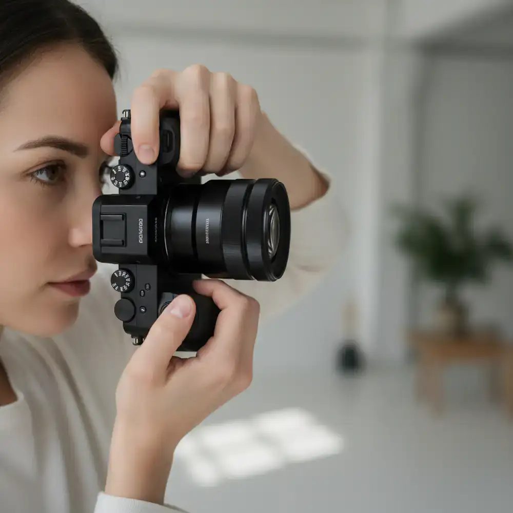 Photographer looking through the viewfinder of a mirrorless camera