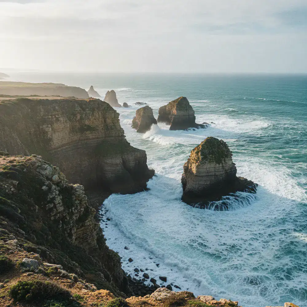 Panoramic view of a rugged coastline meeting the ocean