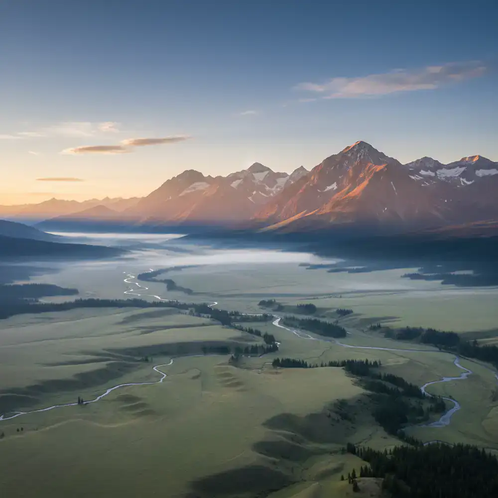 Sweeping mountain valley photographed at dawn