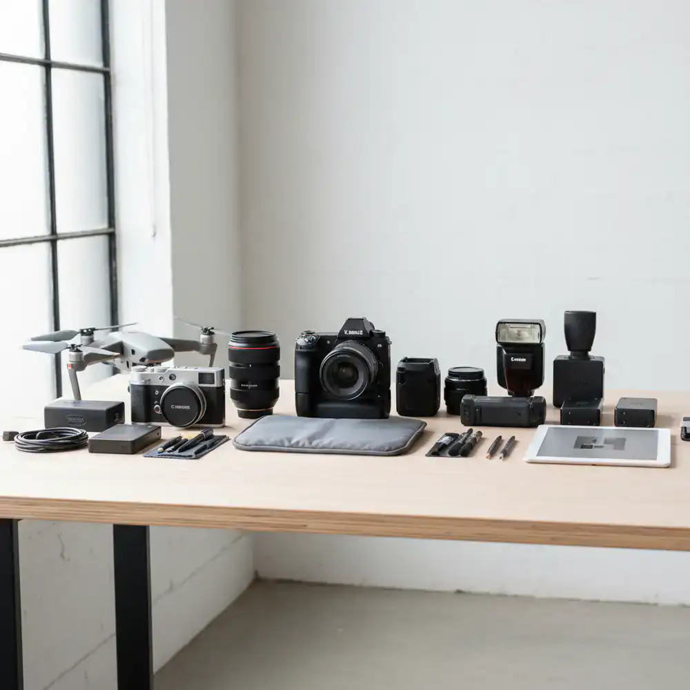 Professional camera gear neatly arranged on a studio table