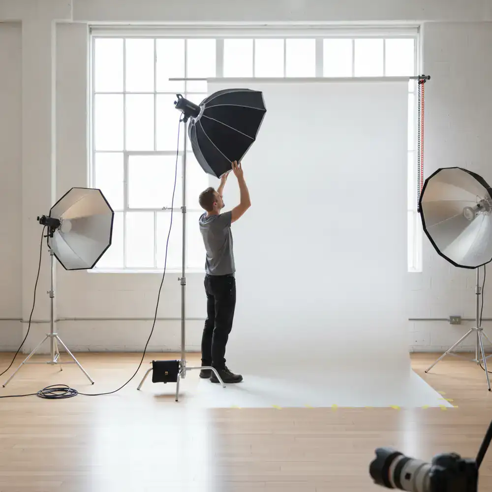 Photographer setting up lighting in a studio